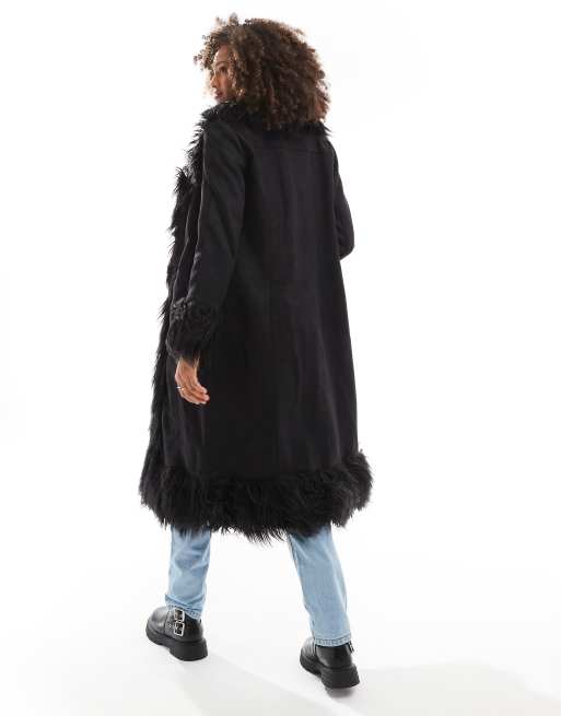 ONLY – Schwarzer Mantel aus Wildlederimitat und Kunstpelz ASOS