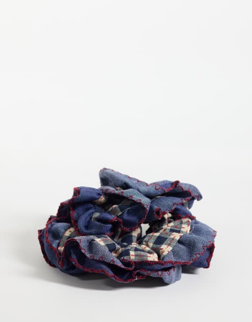 ONLY scrunchie in blue & cream check with frill, 2 of 3