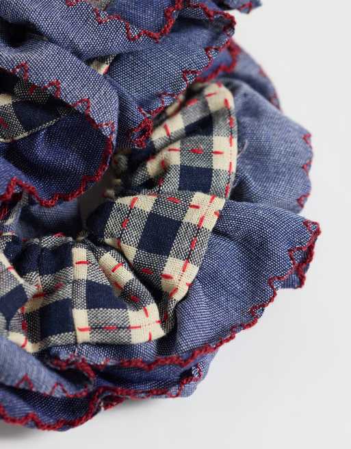 ONLY scrunchie in blue & cream check with frill, 3 of 3