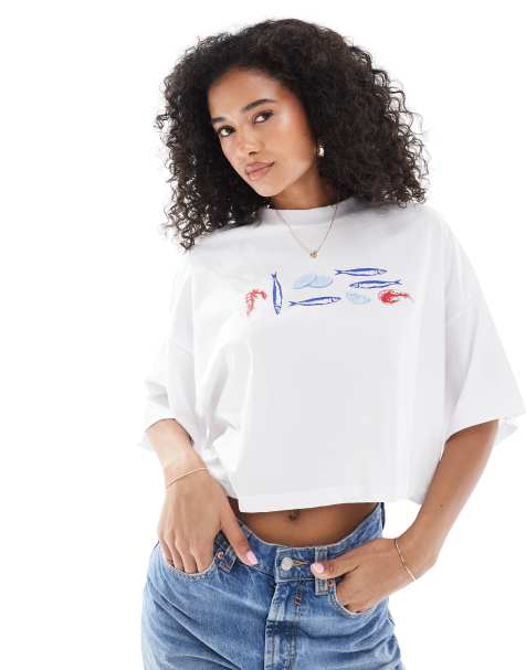 ONLY seafood graphic cropped t-shirt in white - view 1