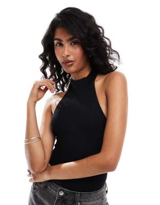 seamless ribbed halterneck bodysuit in black