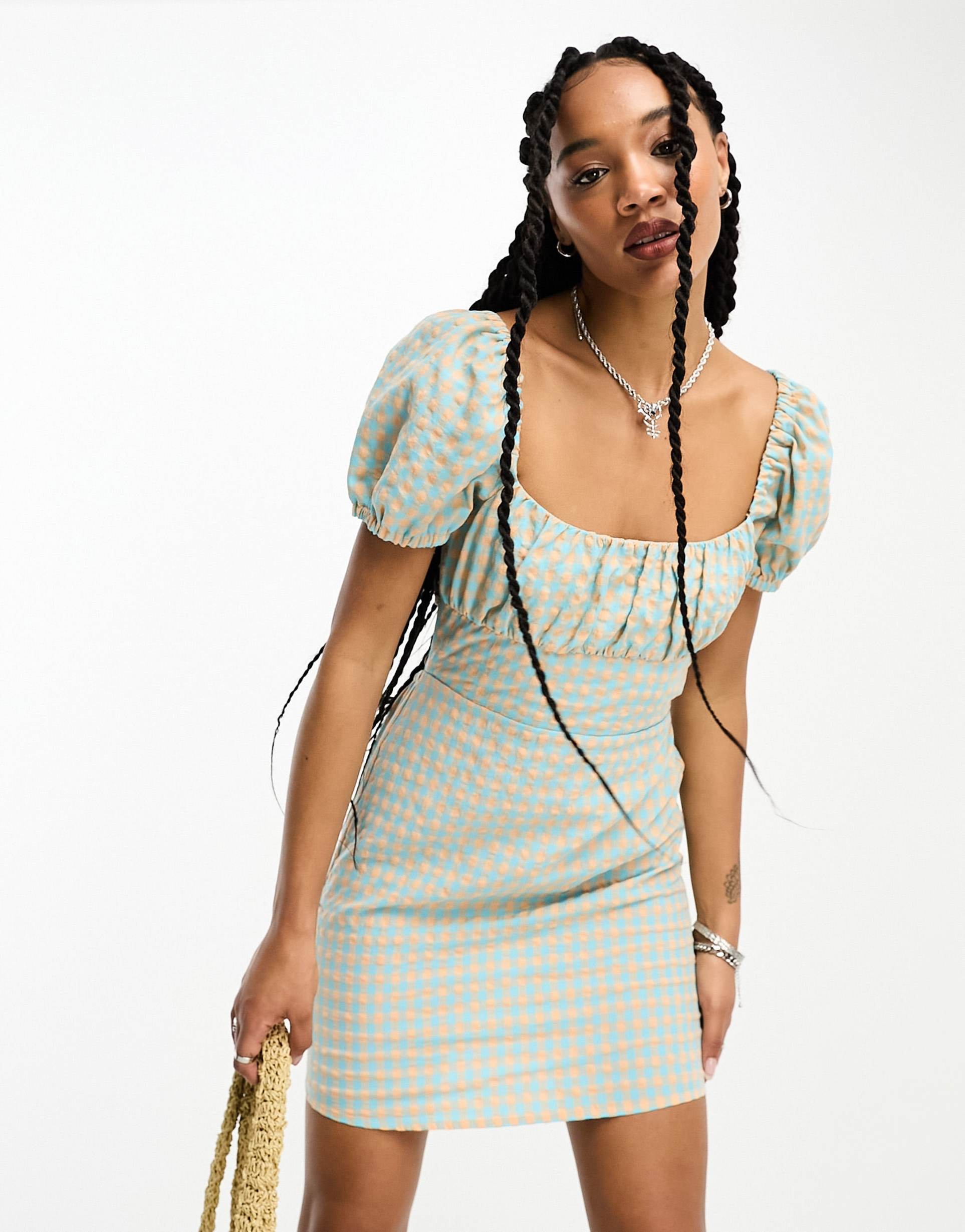 only seersucker open-back milkmaid mini dress in blue and cream gingham