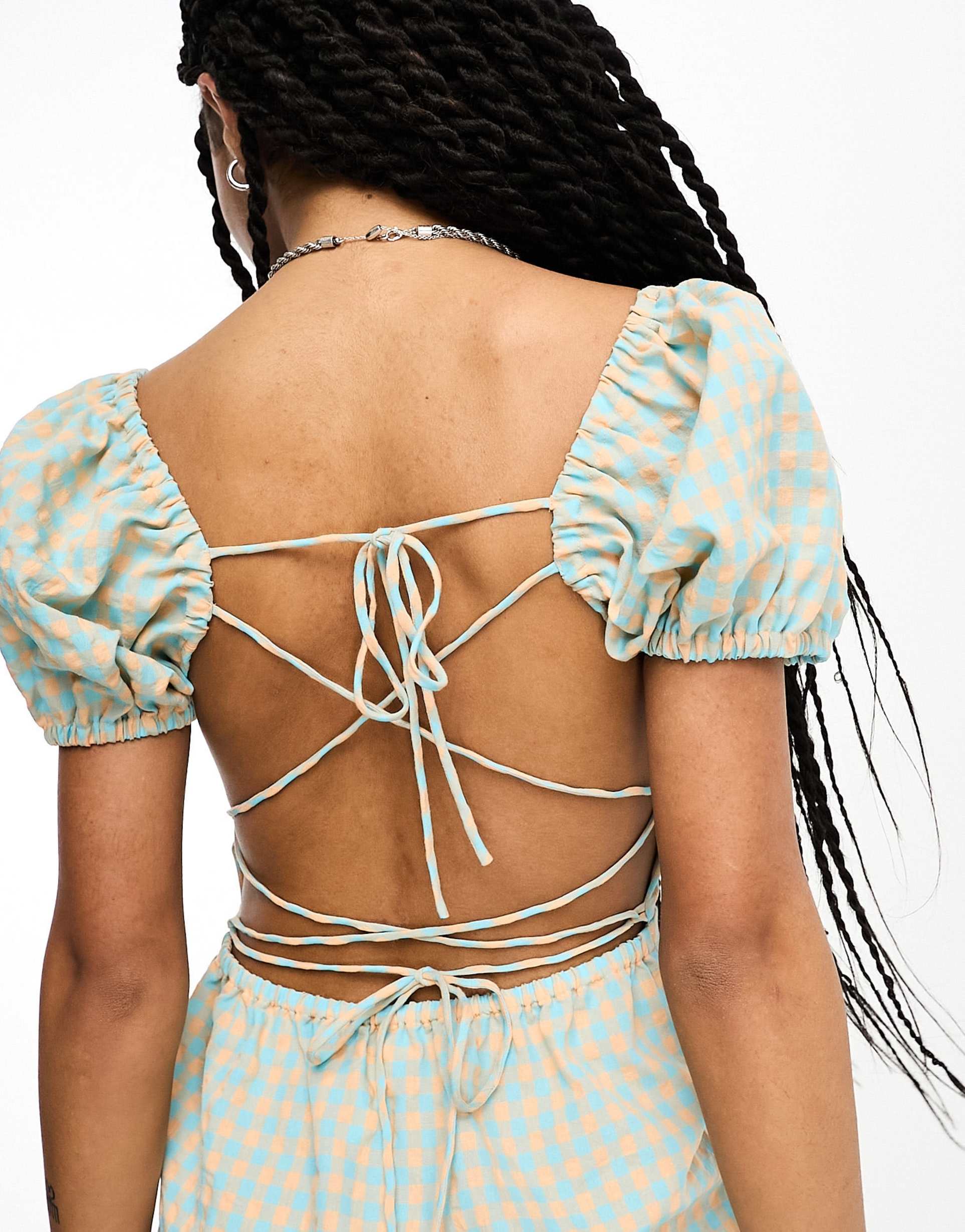 only seersucker open-back milkmaid mini dress in blue and cream gingham