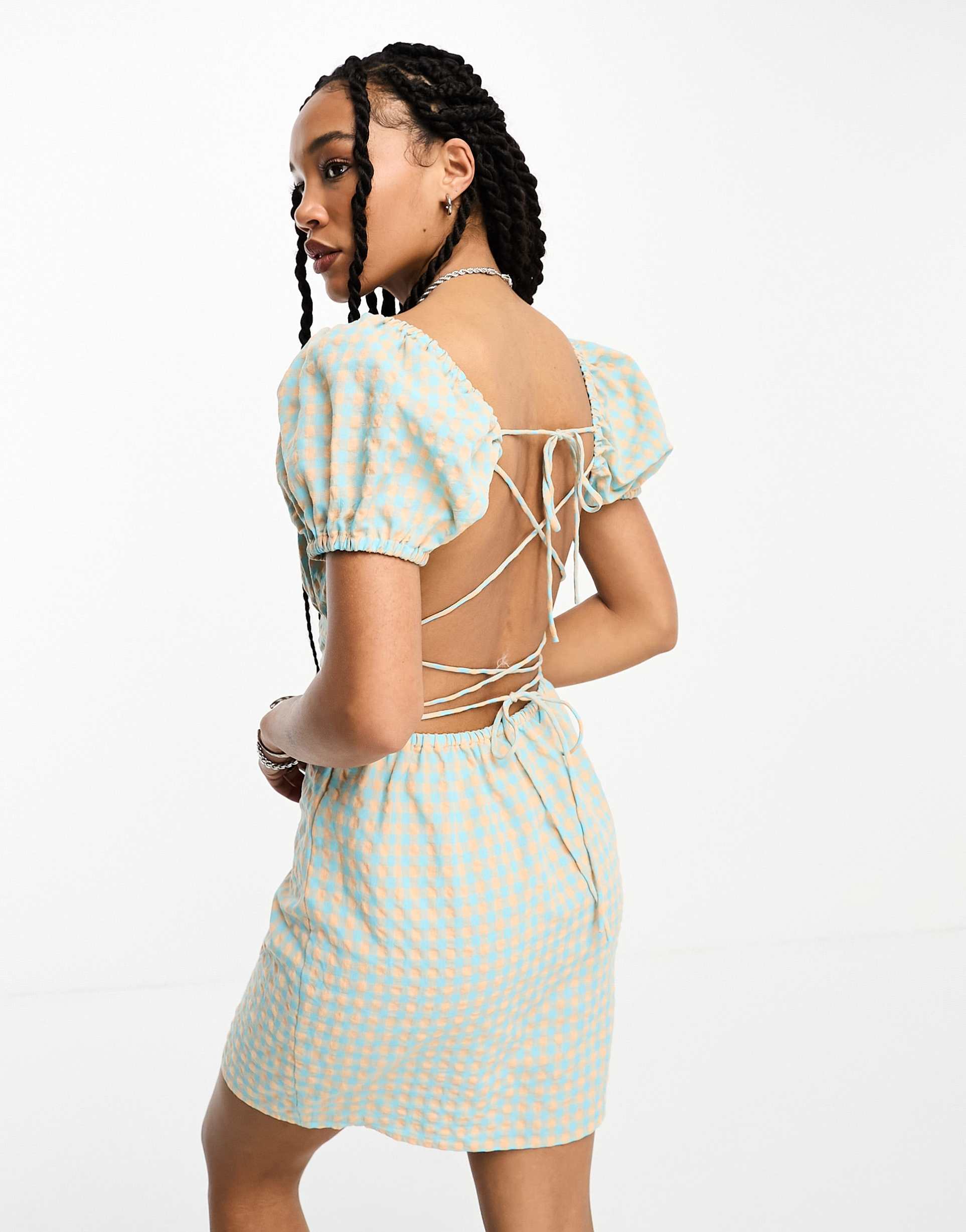 only seersucker open-back milkmaid mini dress in blue and cream gingham