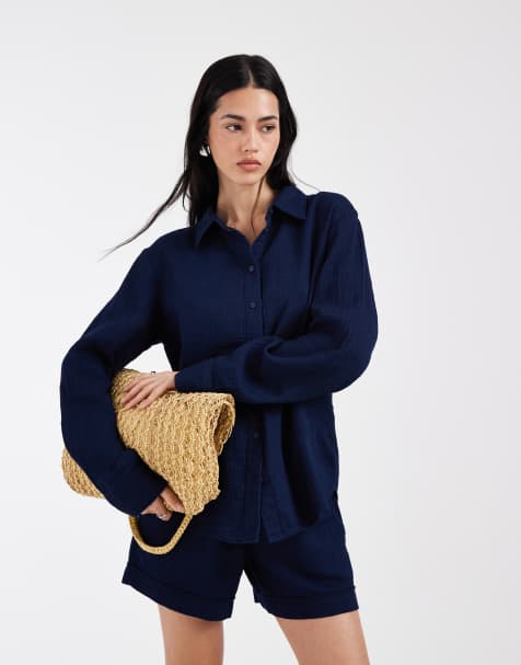 ONLY - Seersucker overhemd met lange mouwen in marineblauw, deel van co-ord set - view 1