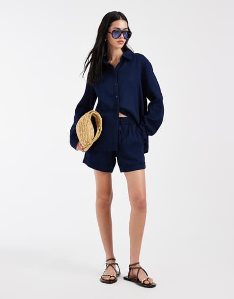 ONLY seersucker shorts co-ord in navy - view 1