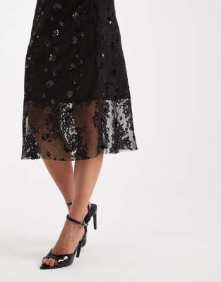 Only Sequin Detail Low Waist Midi Skirt Co-ord In Black