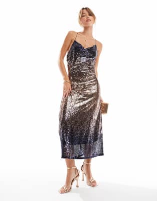 sequin midi dress in gold ombre-Black