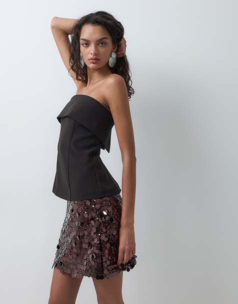 ONLY high waist sequin mini skirt in chocolate brown