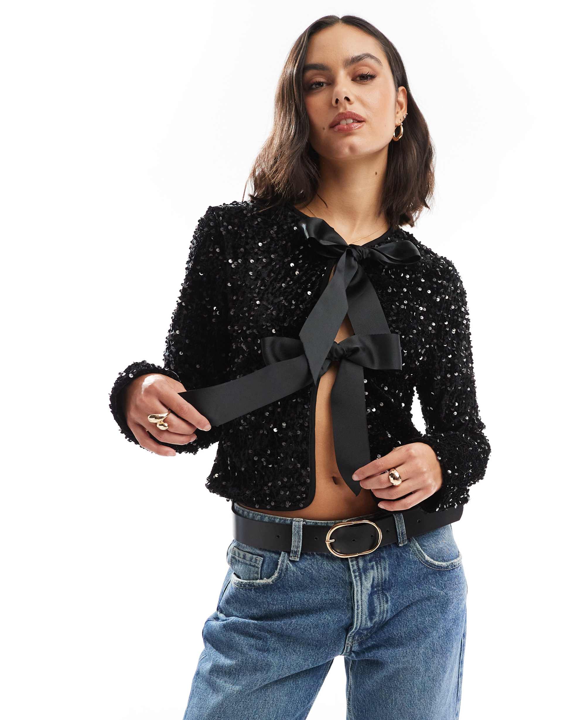 only sequin velvet tie front top in black