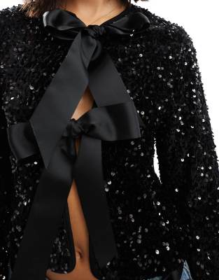 Only Sequin Velvet Tie Front Top In Black