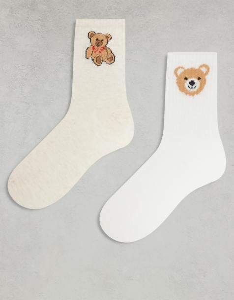 ONLY - Set van 2 paar sokken met teddybeer-borduursel in wit en stone - view 1
