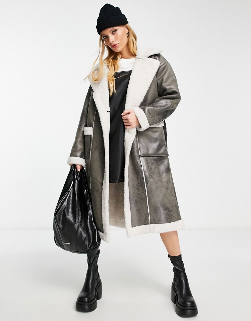 ONLY shearling faux leather belted coat in brown