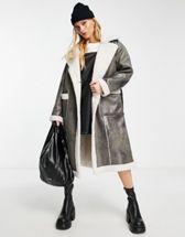 Bershka faux leather seam detail tailored coat in black