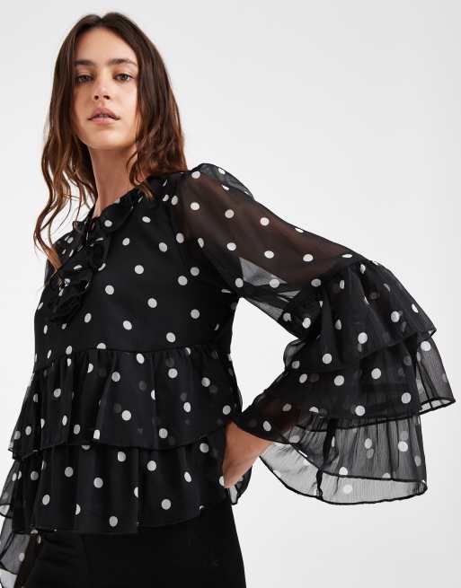ONLY sheer blouse with ruffles details in black polka dots, 3 of 4