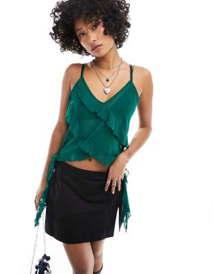 Only Sheer Frill Cami Top In Emerald Green