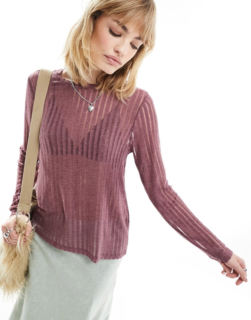 ONLY sheer stripe long sleeve top in dusky pink-Red