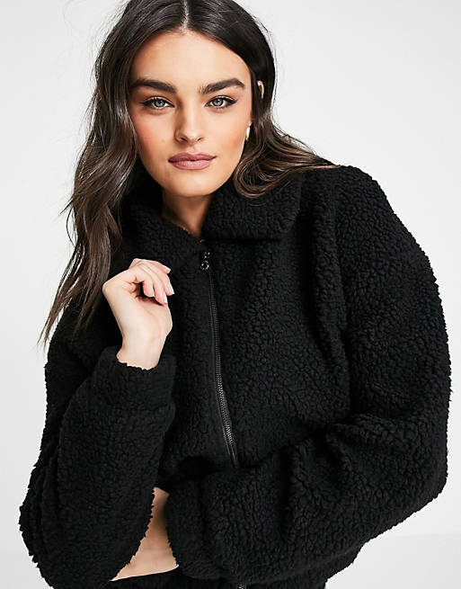 Only sherpa teddy zip up jacket in black