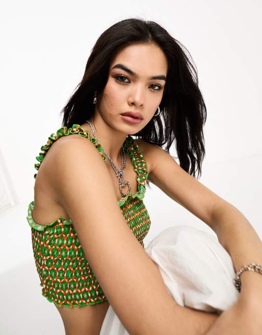 Only shirred cropped top in multi geometric print