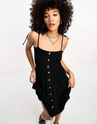 shirred detail button down mini dress in black