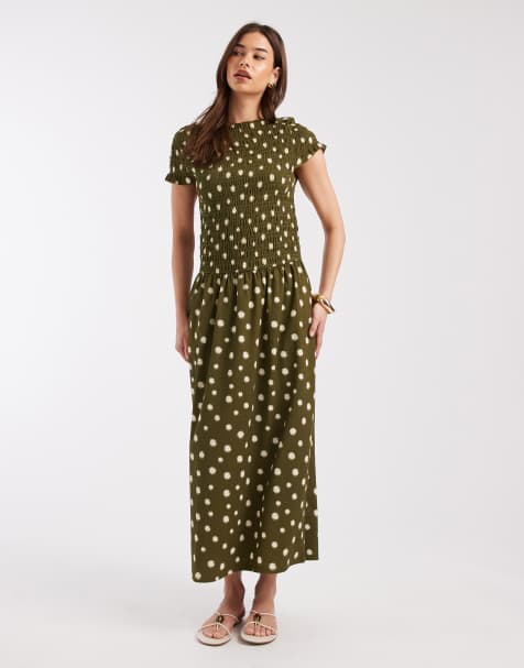 ONLY shirred dropped waist maxi dress in green polka dots - view 1