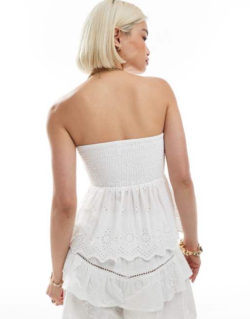 ONLY shirred embroidery bandeau top in white, 4 of 4