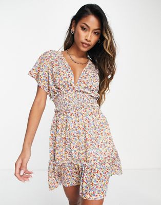 Only shirred plunge neck mini dress in ditsy floral
