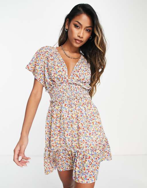 Only shirred plunge neck mini dress in ditsy floral | ASOS