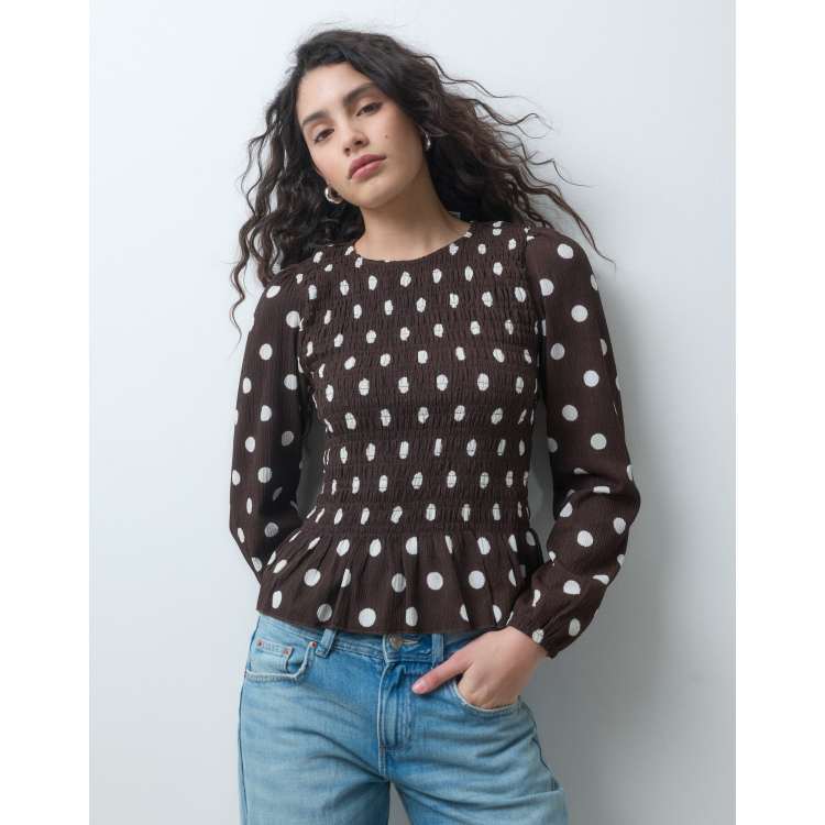 ONLY shirred smock top in brown polka dots | ASOS