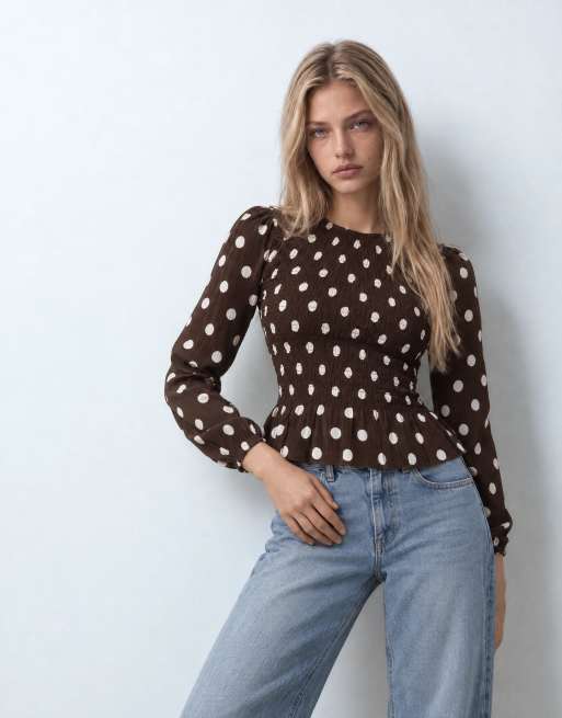 ONLY shirred smock top in brown polka dots, 7 of 9
