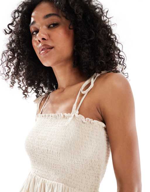ONLY shirred top detail mini dress in stone, 2 of 4