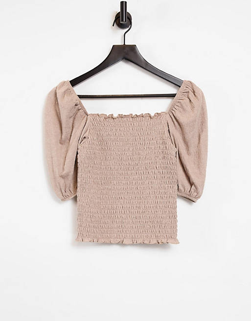 Only shirred top with puff sleeve in beige