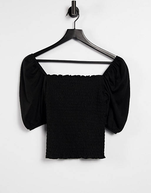 Tops Only shirred top with puff sleeve in black 