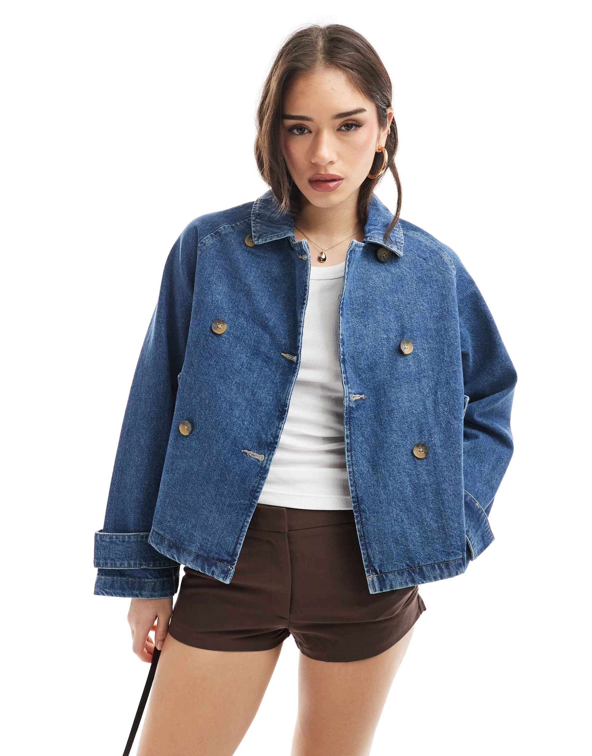 only short denim trench coat in mid blue