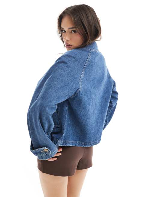ONLY short denim trench coat in mid blue