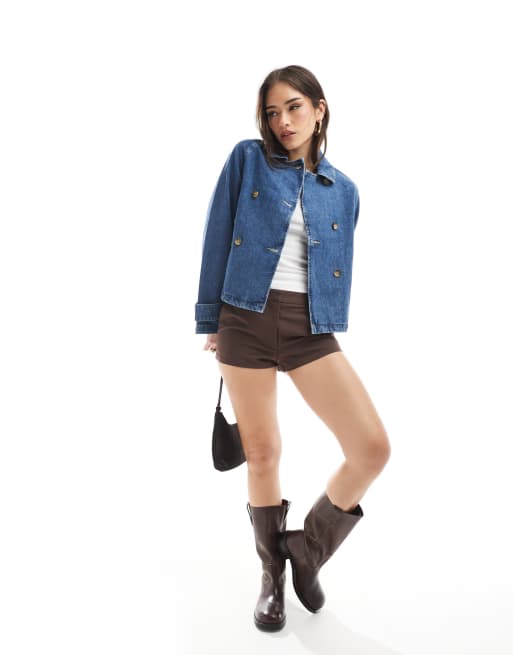 ONLY short denim trench coat in mid blue