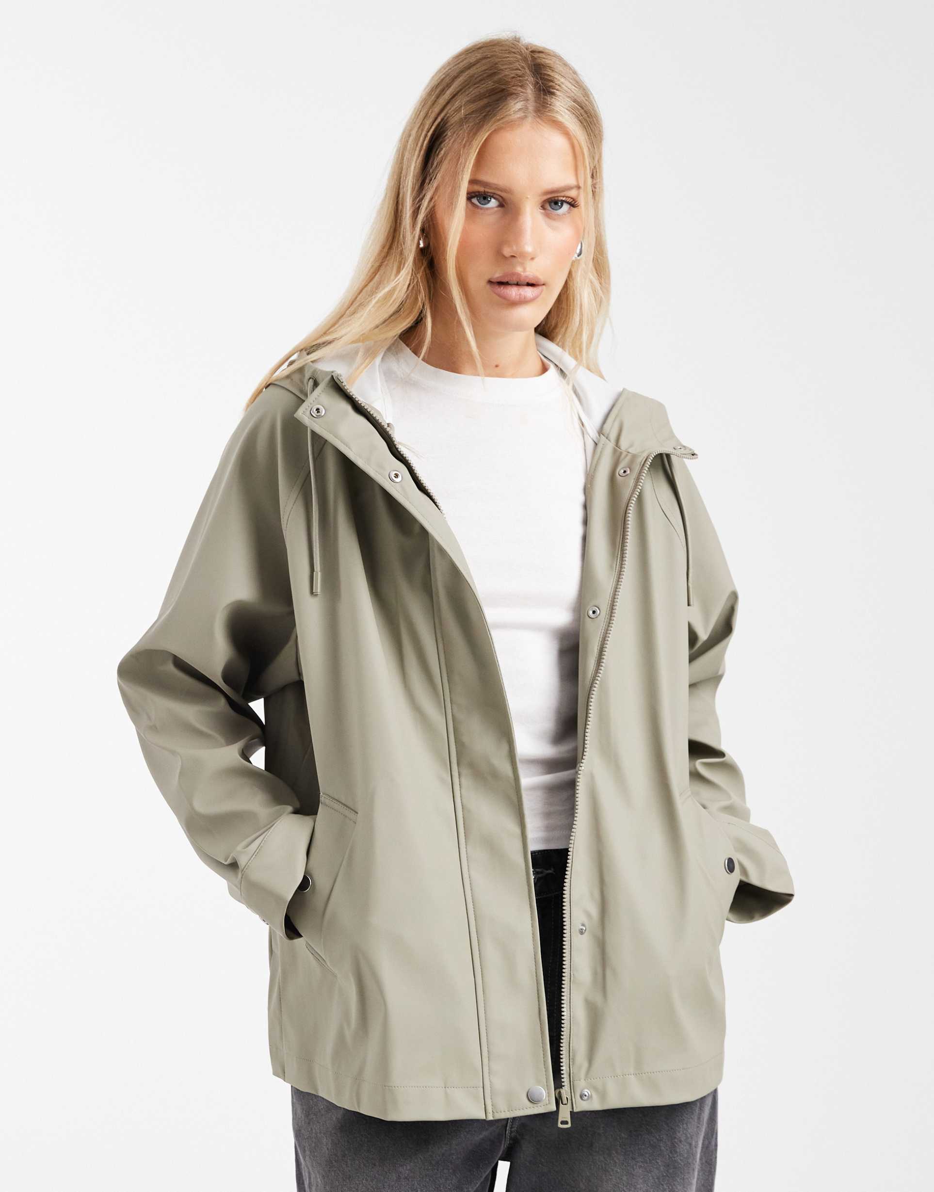 only short hooded raincoat in sage green