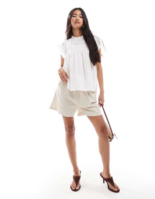 ONLY - Short met textuur, linnenlook en gestrikte voorkant in stone, deel van co-ord set, 2 van 5