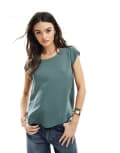 [ONLY] ONLY short sleeve back zip top in green 42 Balsam green