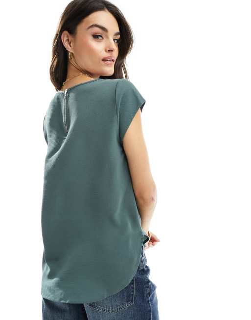 ONLY short sleeve back zip top in green , 2 of 4