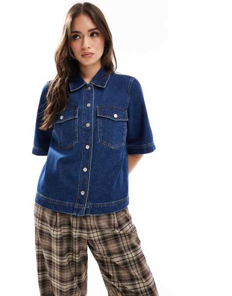 ONLY short sleeve boxy denim shirt in indigo wash - view 1
