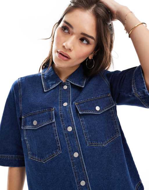 ONLY short sleeve boxy denim shirt in indigo wash | ASOS