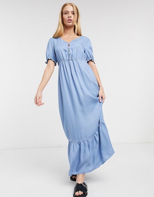 Only short sleeve button front maxi dress in blue