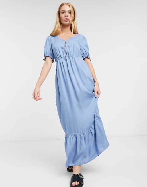 Only short sleeve button front maxi dress in blue | ASOS