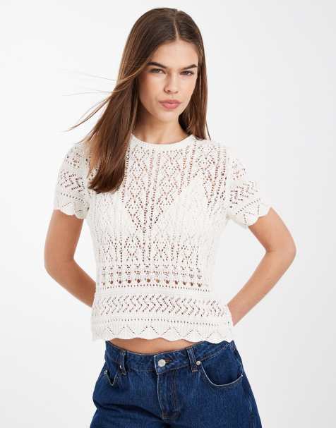 ONLY short sleeve crochet top in beige - view 1
