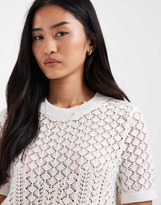 ONLY short sleeve crochet top in white, 3 of 4