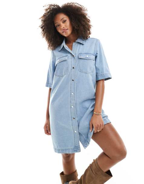 ONLY short sleeve denim dress in light wash blue - view 1