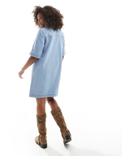 ONLY short sleeve denim dress in light wash blue, 4 of 4