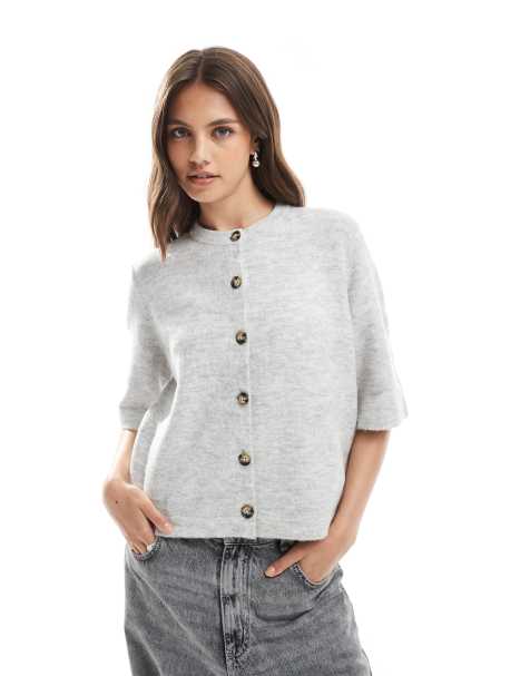 ONLY short sleeve knit cardigan in light gray - view 1
