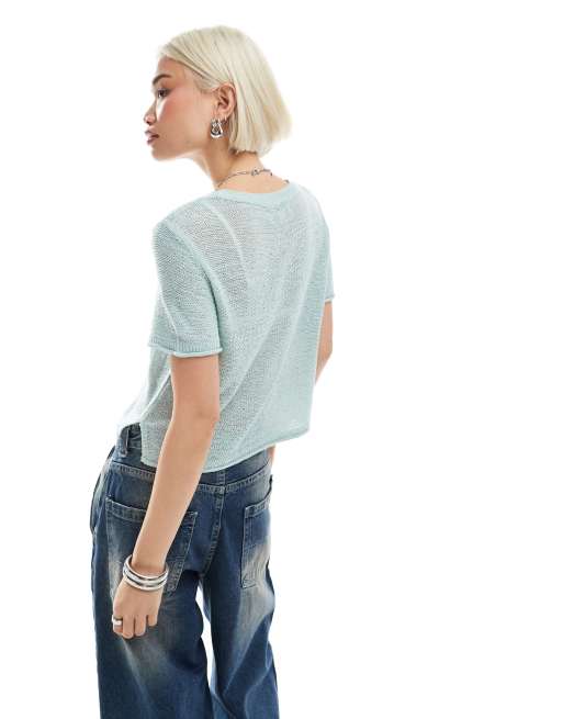 ONLY short sleeve knit top in light blue, 4 of 4